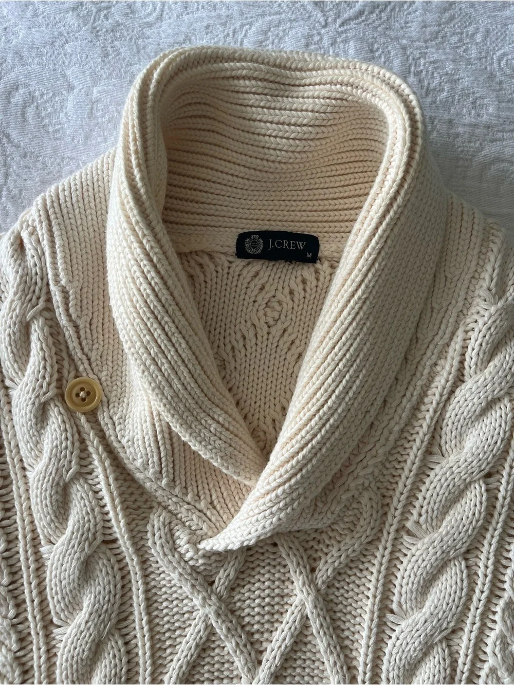 J.Crew Mens M Ivory Fisherman Cable Knit Cotton Shawl Collar Pullover Sweater
